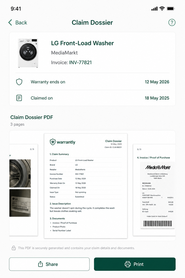 Warrantly claim dossier screen with share and print actions