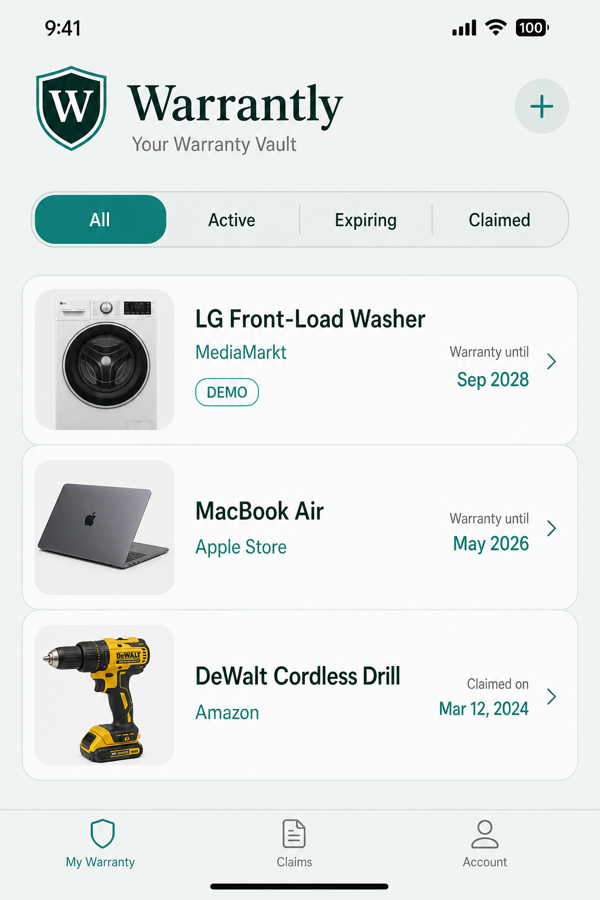 Warrantly item list showing warranties, demo badge, and claimed status